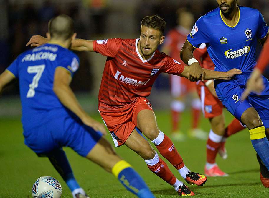 Luke O'Neill for Gillingham at AFC Wimbledon Picture: Ady Kerry