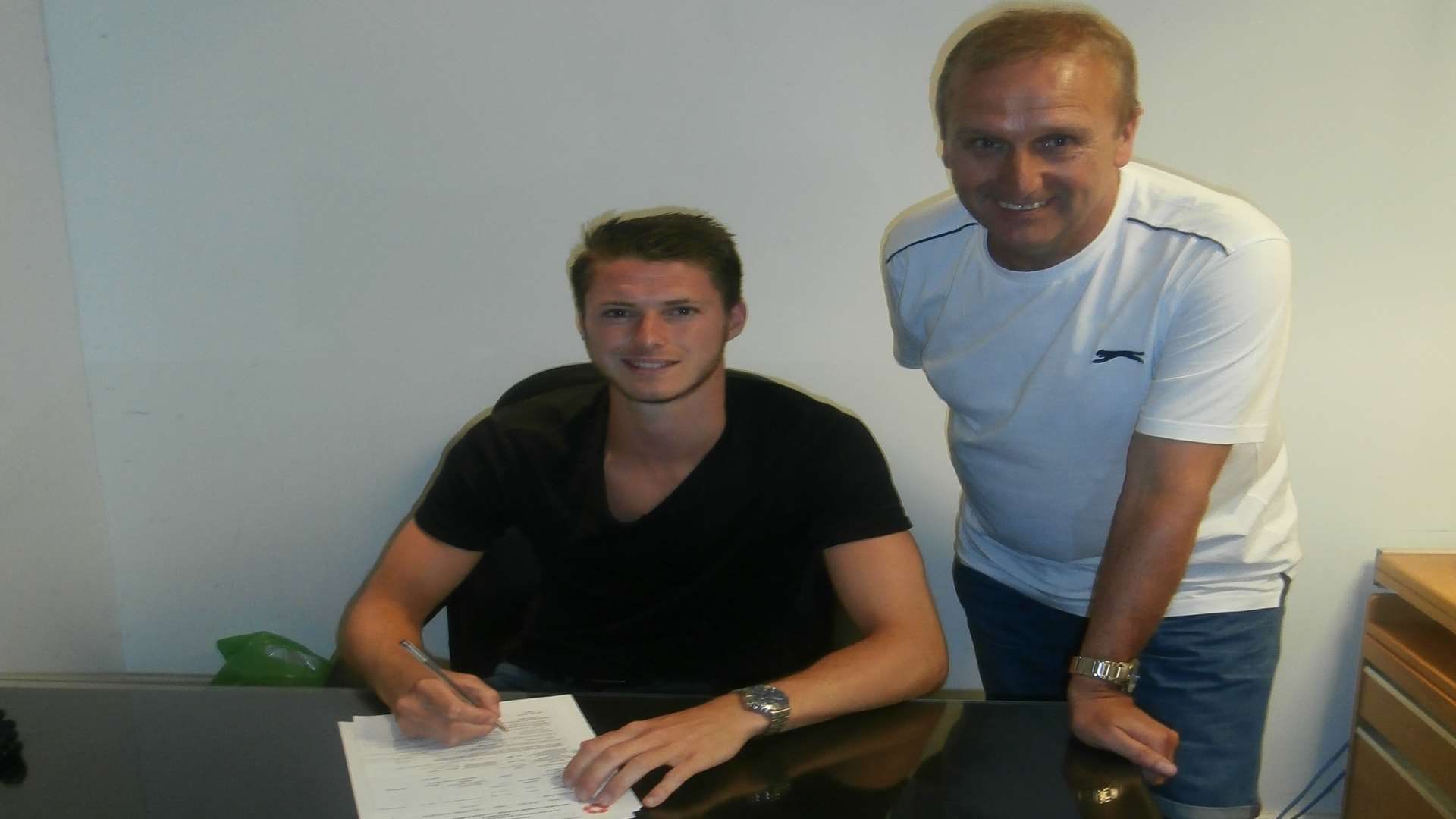 New signing Tom Gardiner with Dartford manager Tony Burman