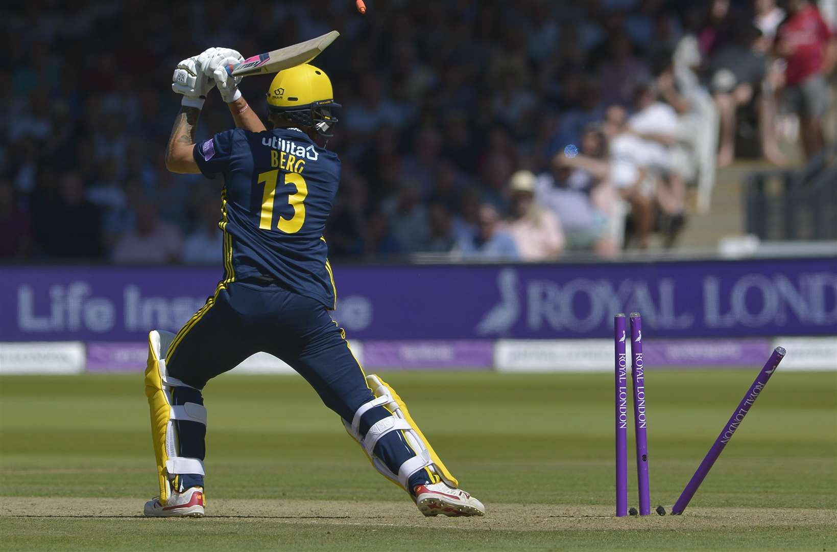 Hampshire 's Gareth Berg is bowled by Calum Haggett Picture: Ady Kerry