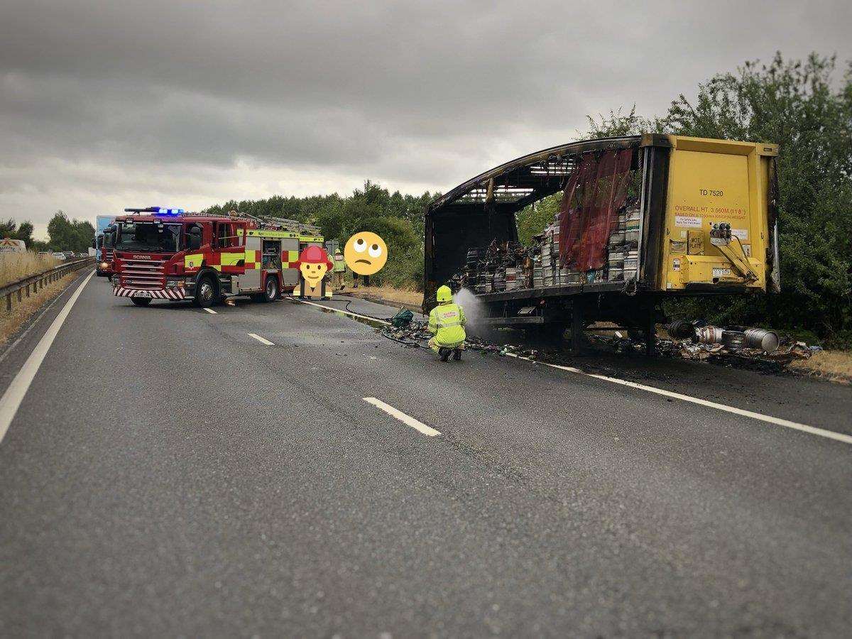 A lorry fire caused delays on the M2. Picture: Kent Police RPU. (2953166)