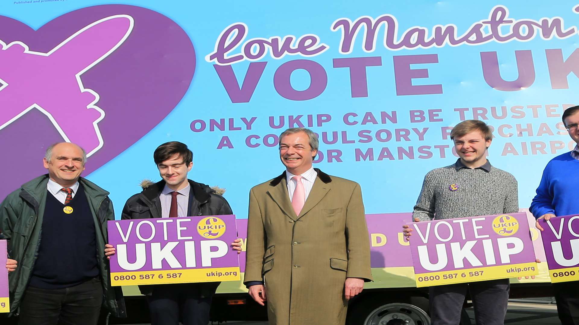 Nigel Farage and Ukip campaigners with the Save Manston poster truck.