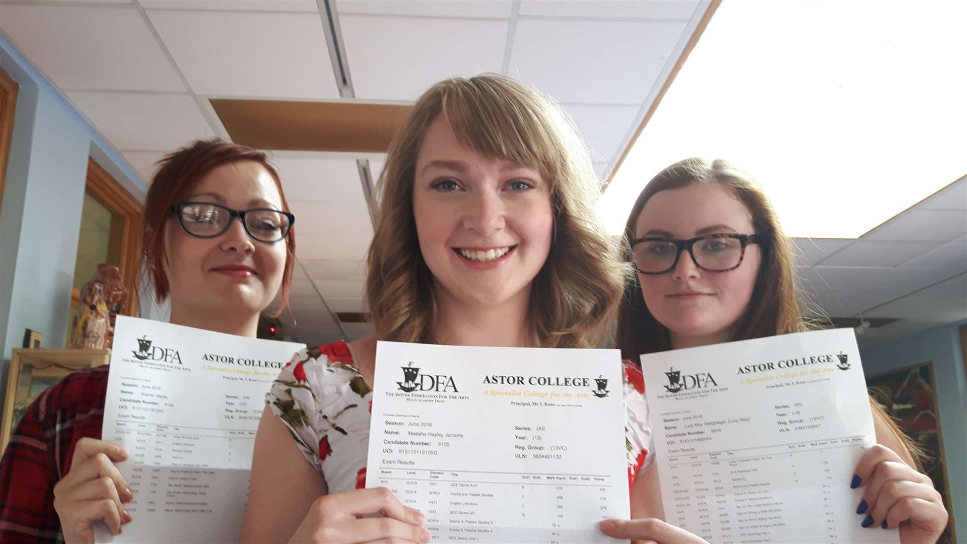 Sophie Martin, Meesha Jarrams and Lucy Geoghegan getting 2016 A Level results at Astor College, Dover