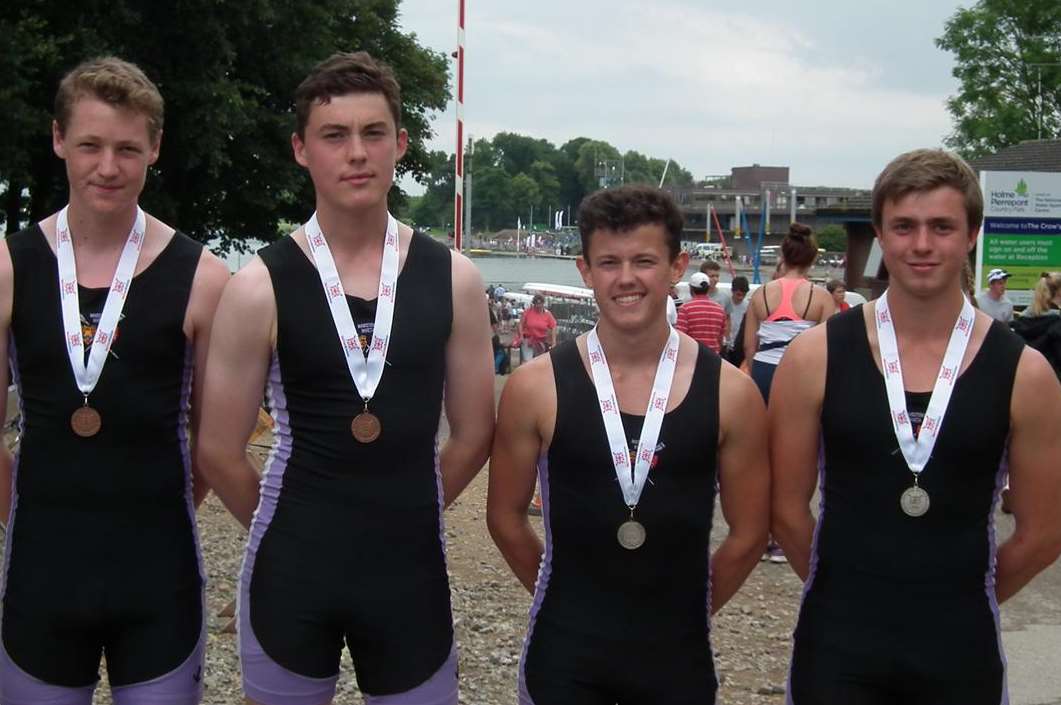 Junior British Rowing Championship medal winners Tom Long and Dan Singer, of Maidstone Grammar School, and Ross Porter and Jack Grace, of Oakwood Park Grammar School