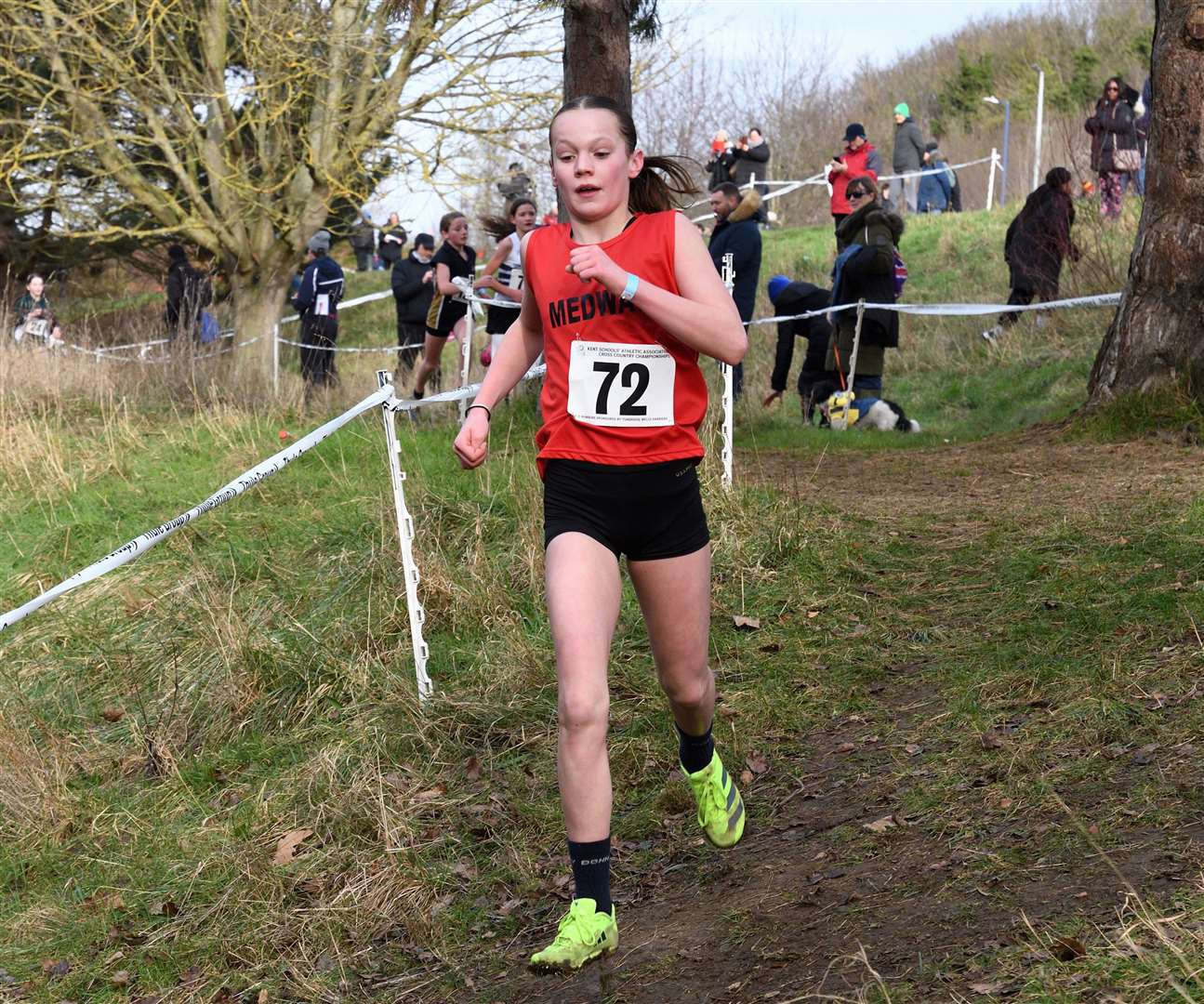 Tyla Jade Thomas makes strides for Medway in the Year 7 girls’ race. Picture: Simon Hildrew