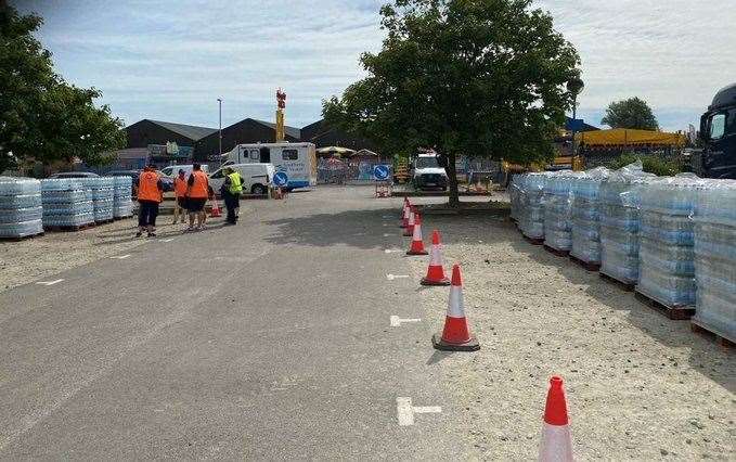 A water collection point has been set up by Southern Water at the long stay car park on the promenade at Leysdown-on-Sea after water supplies were cut off on the Isle of Sheppey. Picture: Southern Water
