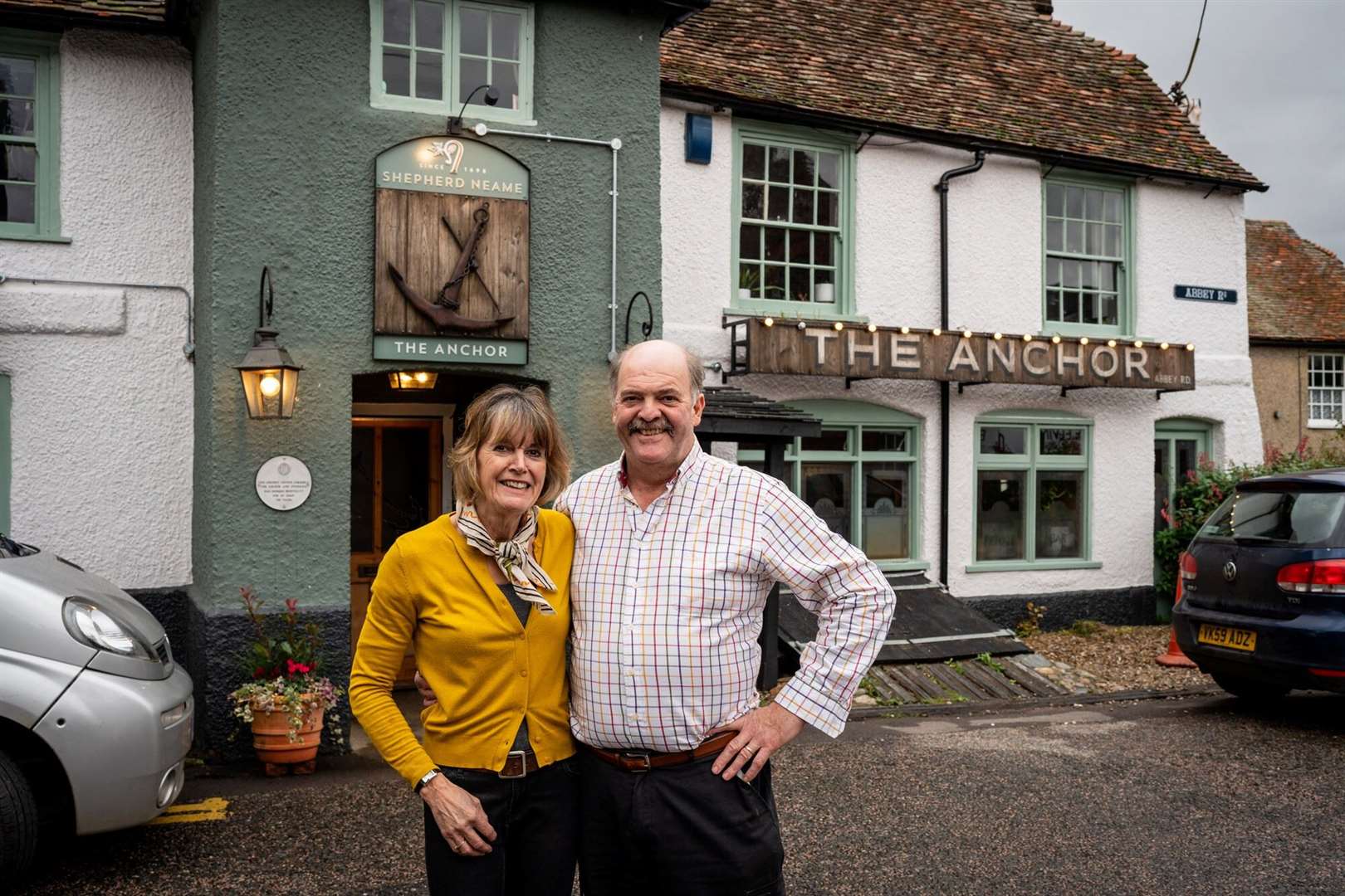 Jo and Patrick Coevet outside the Anchor in Faversham. Pic: Shepherd Neame