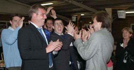 TORY JOY: Christopher Garland, second left, celebrates his victory in Shepway North. Picture: STEVE CRISPE