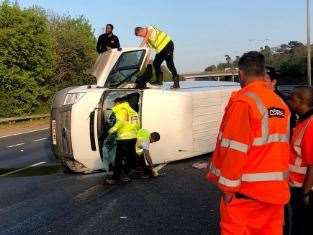 The overturned van on the M20. Picture: Rufus Cox