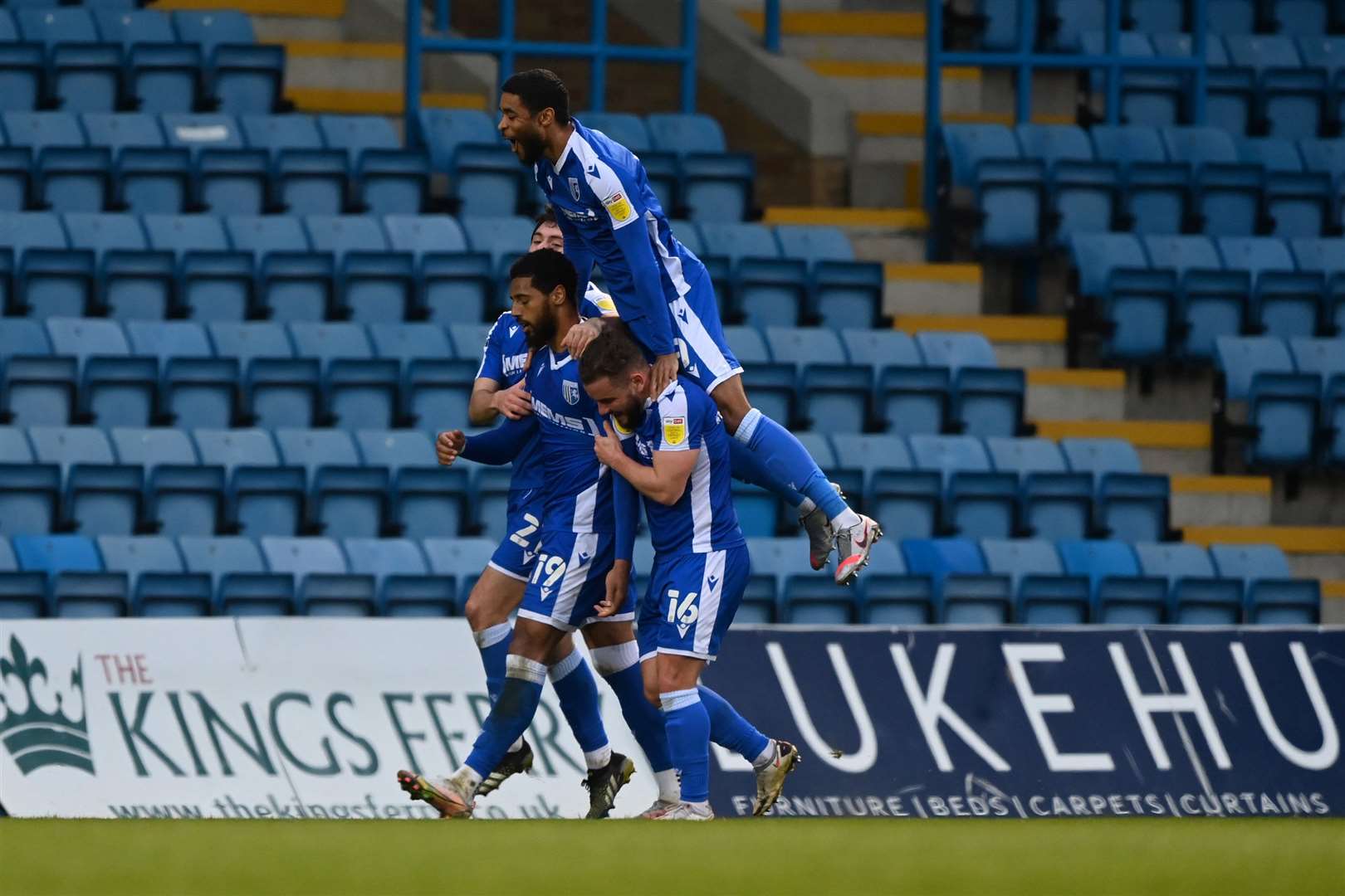 Gillingham celebrate as Vadaine Oliver puts his side 1-0 up Picture: Keith Gillard