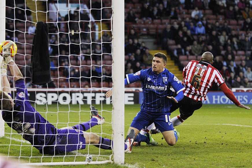 Cody McDonald scores Gillingham's winner at Sheffield United Picture: Barry Goodwin