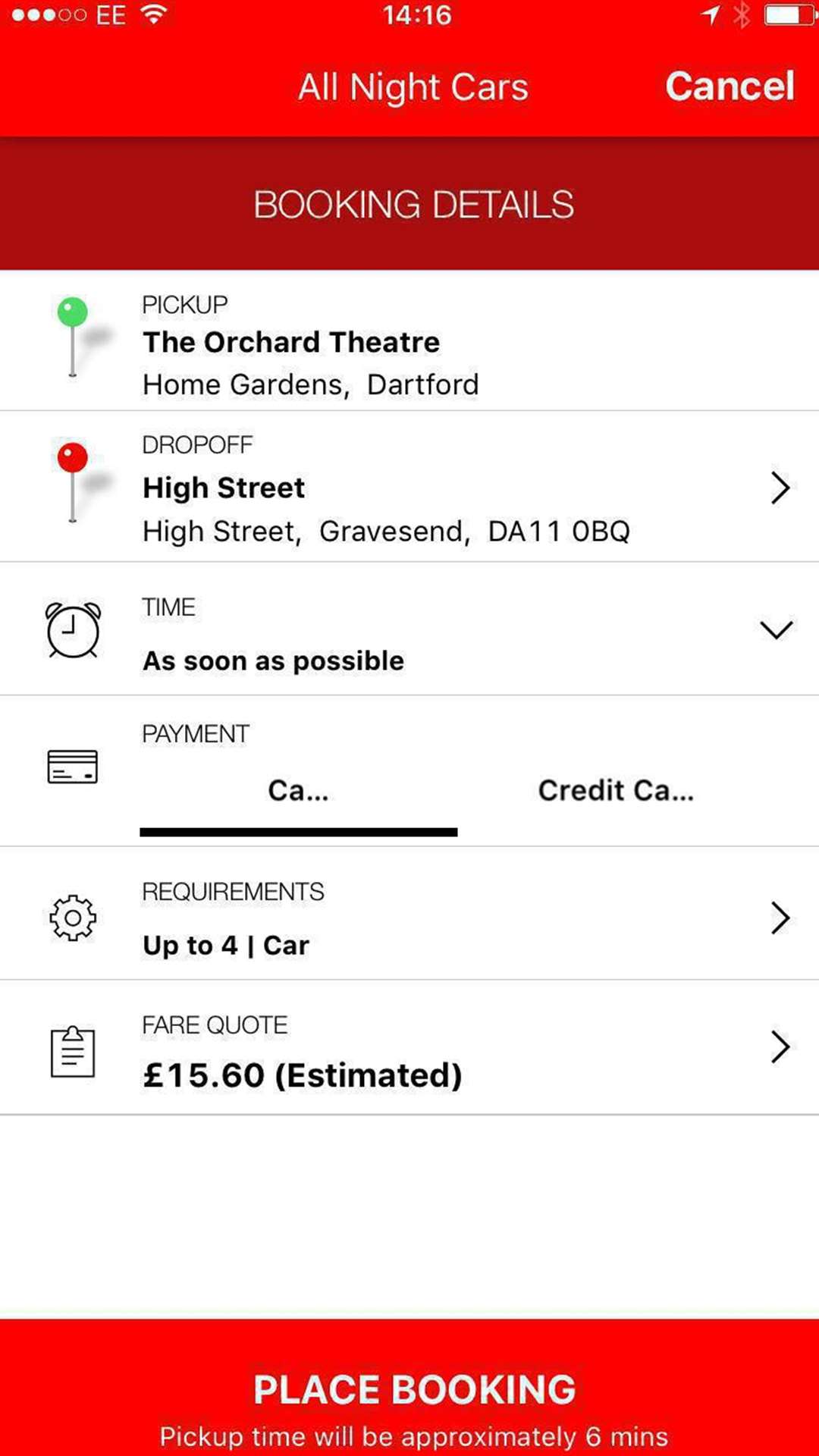 All Night Cars app in action, showing the quote price for a trip from Dartford to Gravesend