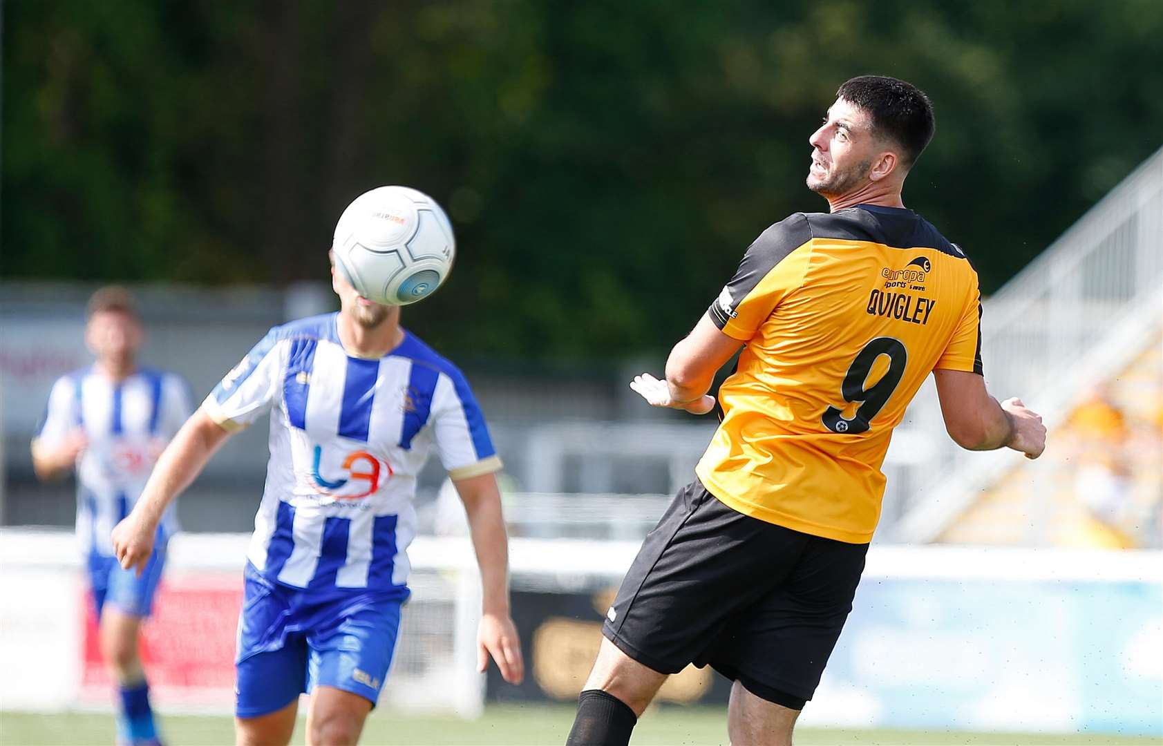 Maidstone debutant Joe Quigley helps the ball on against Hartlepool Picture: Andy Jones