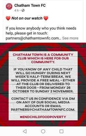 Chatham Town Football Club are also offering children meals during half term. Picture: Facebook