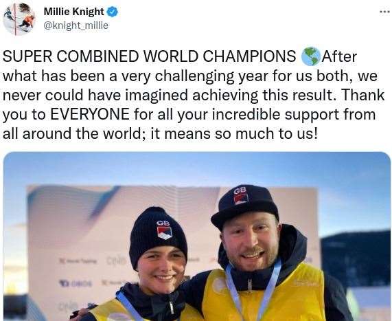 Canterbury's Millie Knight and guide Brett Wild celebrate winning World Para Snow Sports Championships gold. Picture: Twitter / @knight_millie