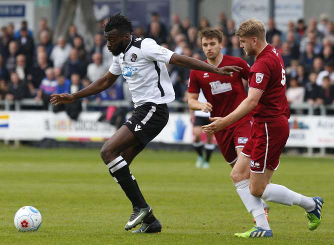 Duane Ofori-Acheampong holds the ball up for Dartford on Sunday. Picture: Andy Jones