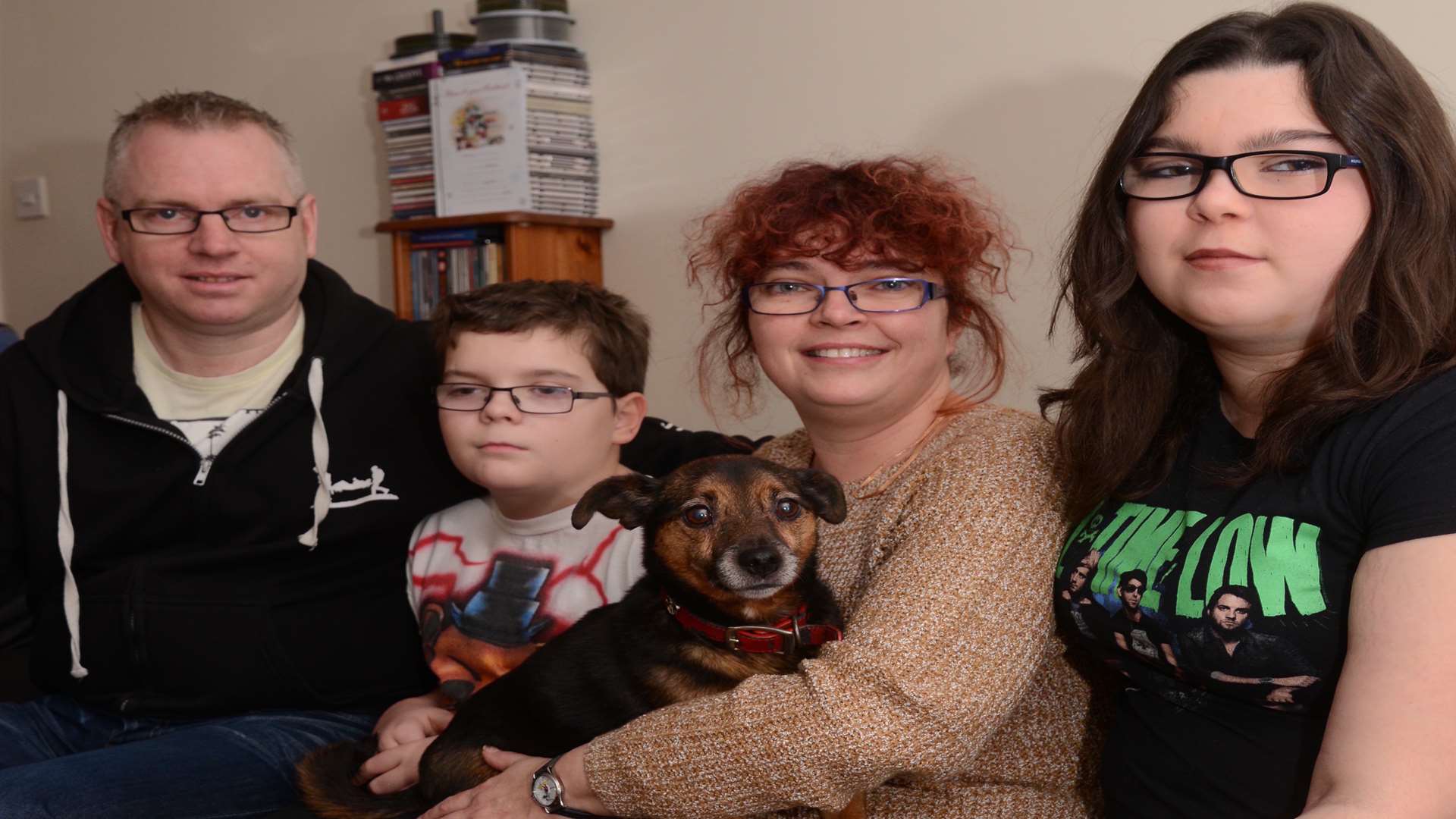 Russ Lewis, Jamie Wright, Dawn Wright-Lewis, Sophie Wright and their dog Angel. Picture: Gary Browne