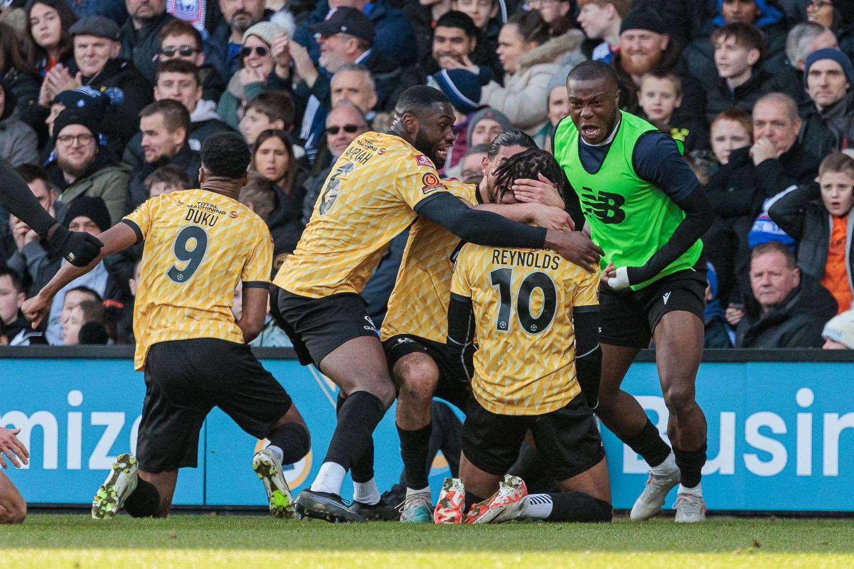 What a moment for Lamar Reynolds after giving Maidstone the lead at Ipswich. Picture: Helen Cooper