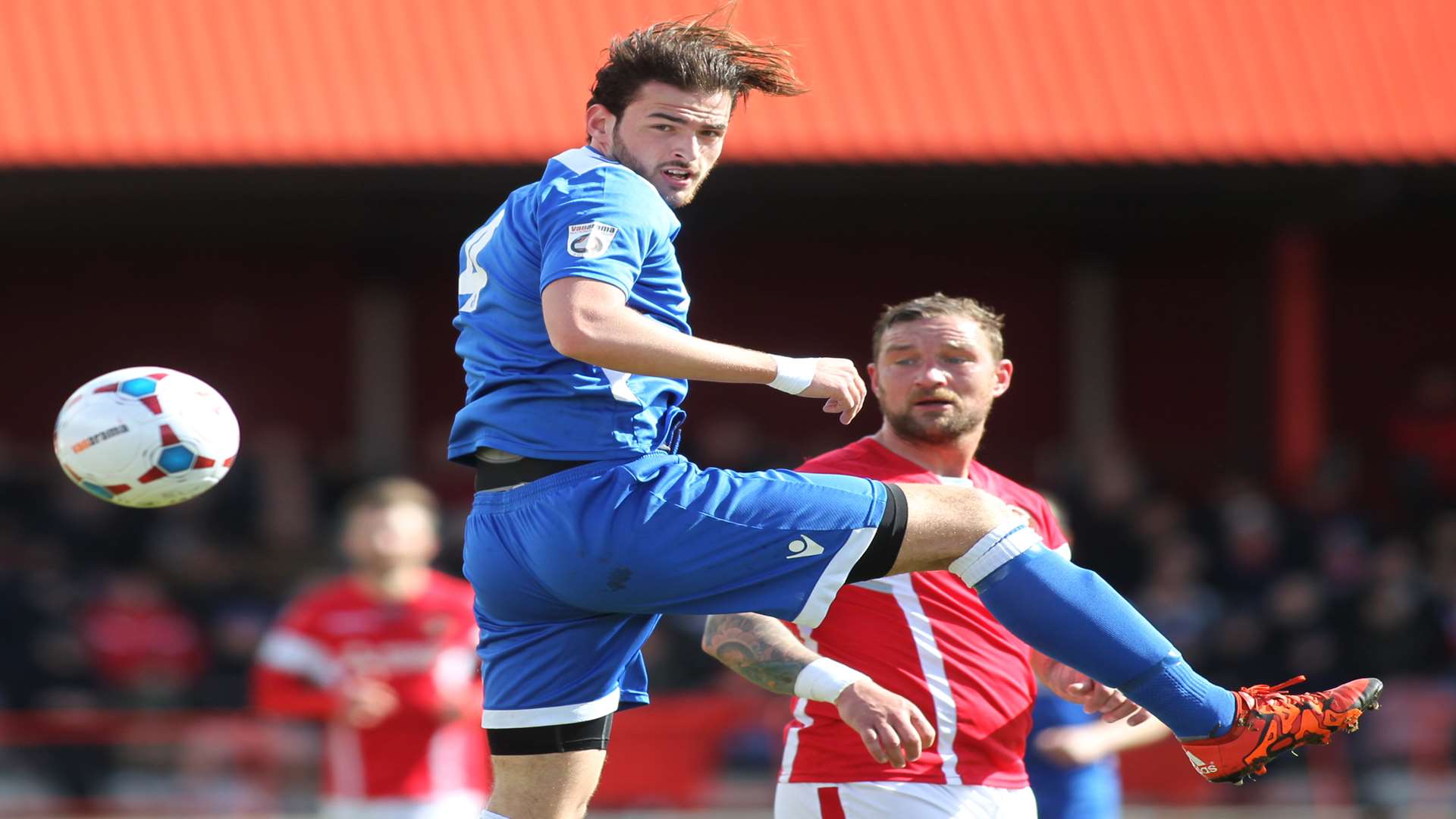 Ronnie Vint heads the ball away from Ebbsfleet's Danny Kedwell Picture: John Westhrop