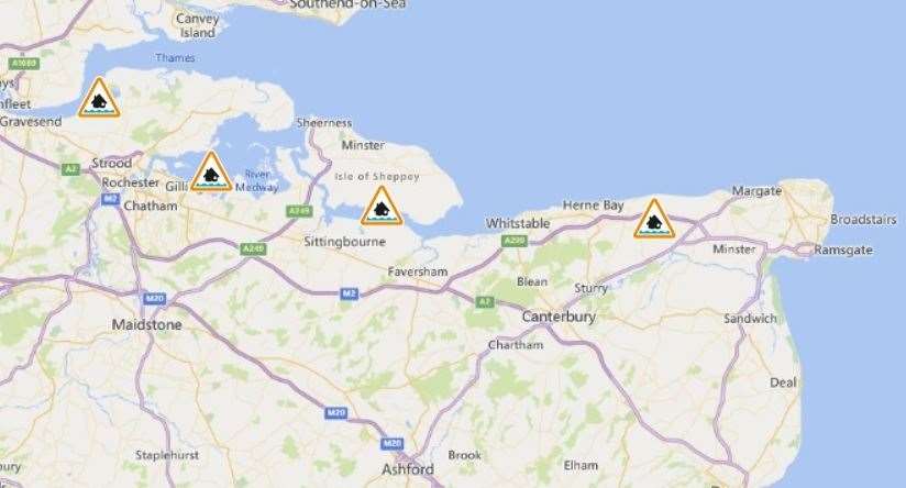 Four flood alerts have been issued along the Kent coast this afternoon