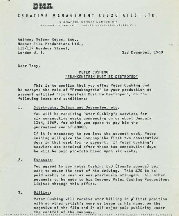 A contract for Peter Cushing’s appearance in a series of Frankenstein films