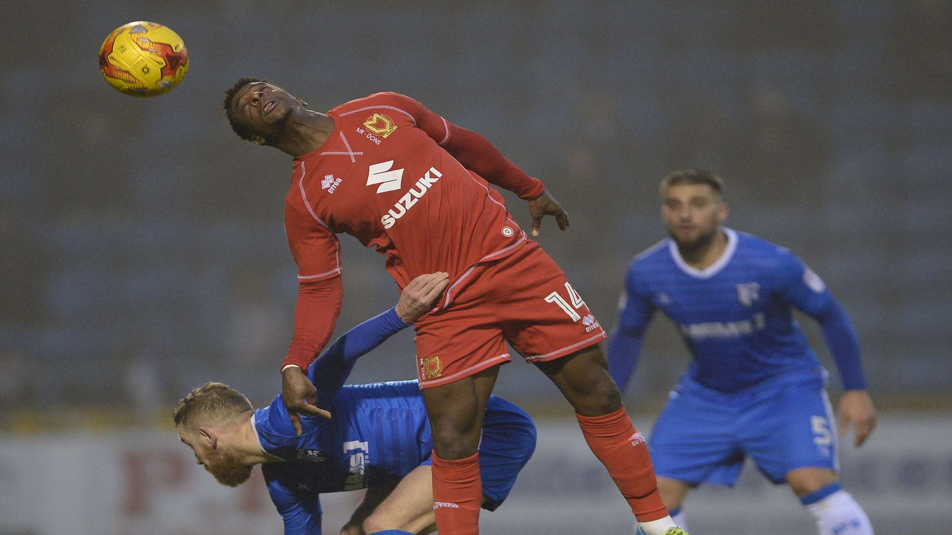 Gills beaten in the air by Kieran Agard Picture: Ady Kerry