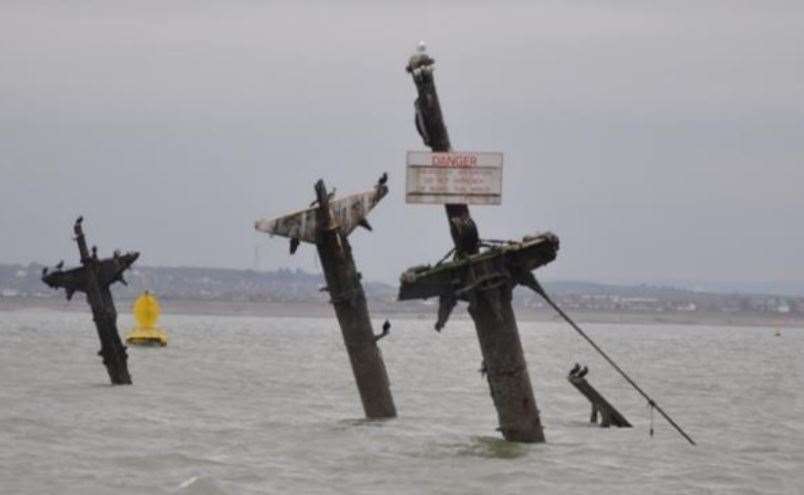 Masts of the wreck of the SS Richard Montgomery Second World War bomb ship underwater off Sheerness on the Isle of Sheppey. Picture: Maritime & Coastguard Agency