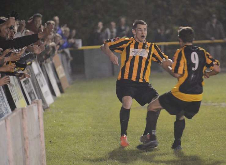 Dane Luchford (left) has just made it 2-1 to Folkestone Picture: Gary Browne
