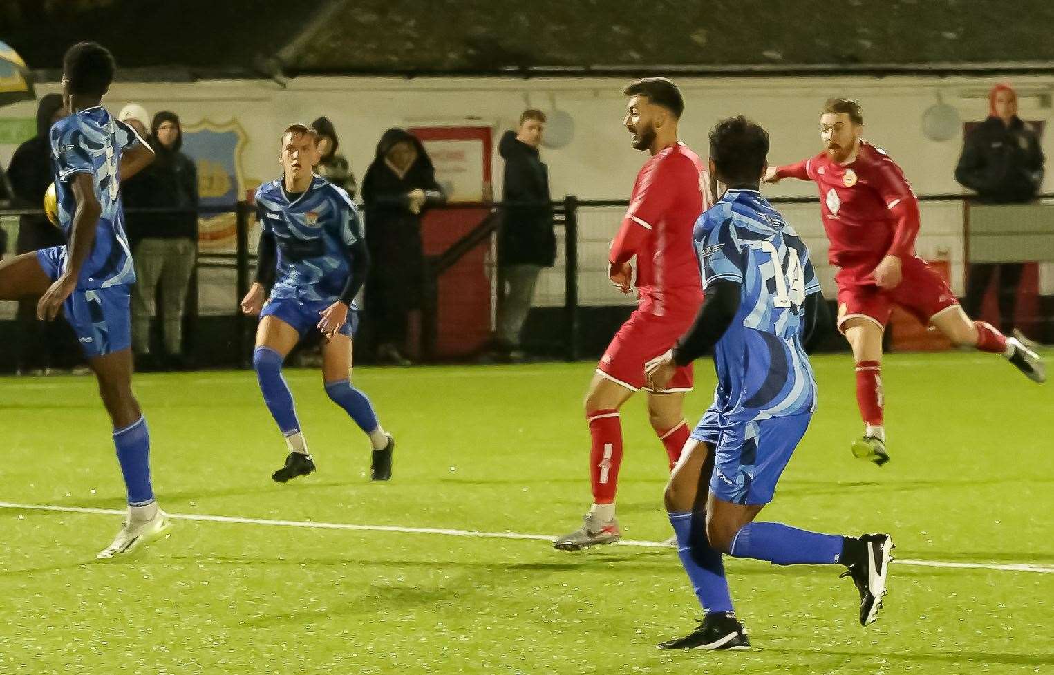 Defender Jake Mackenzie fires home a screamer for Whitstable on his 250th club appearance in their 5-2 Challenge Cup win over Lordswood on Tuesday. Picture: Les Biggs