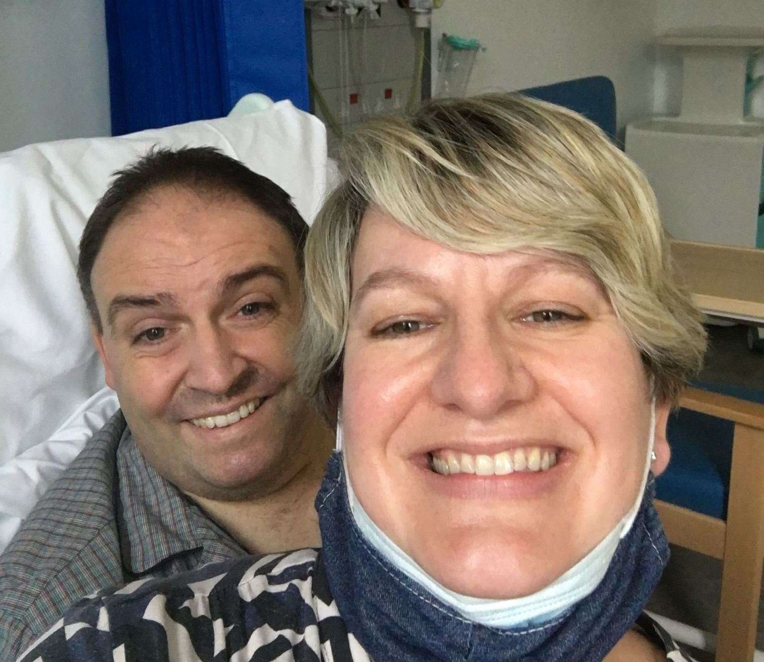 From left: Giles and Chrissie when he was in the hospital. Picture: Giles Phillips/KSS