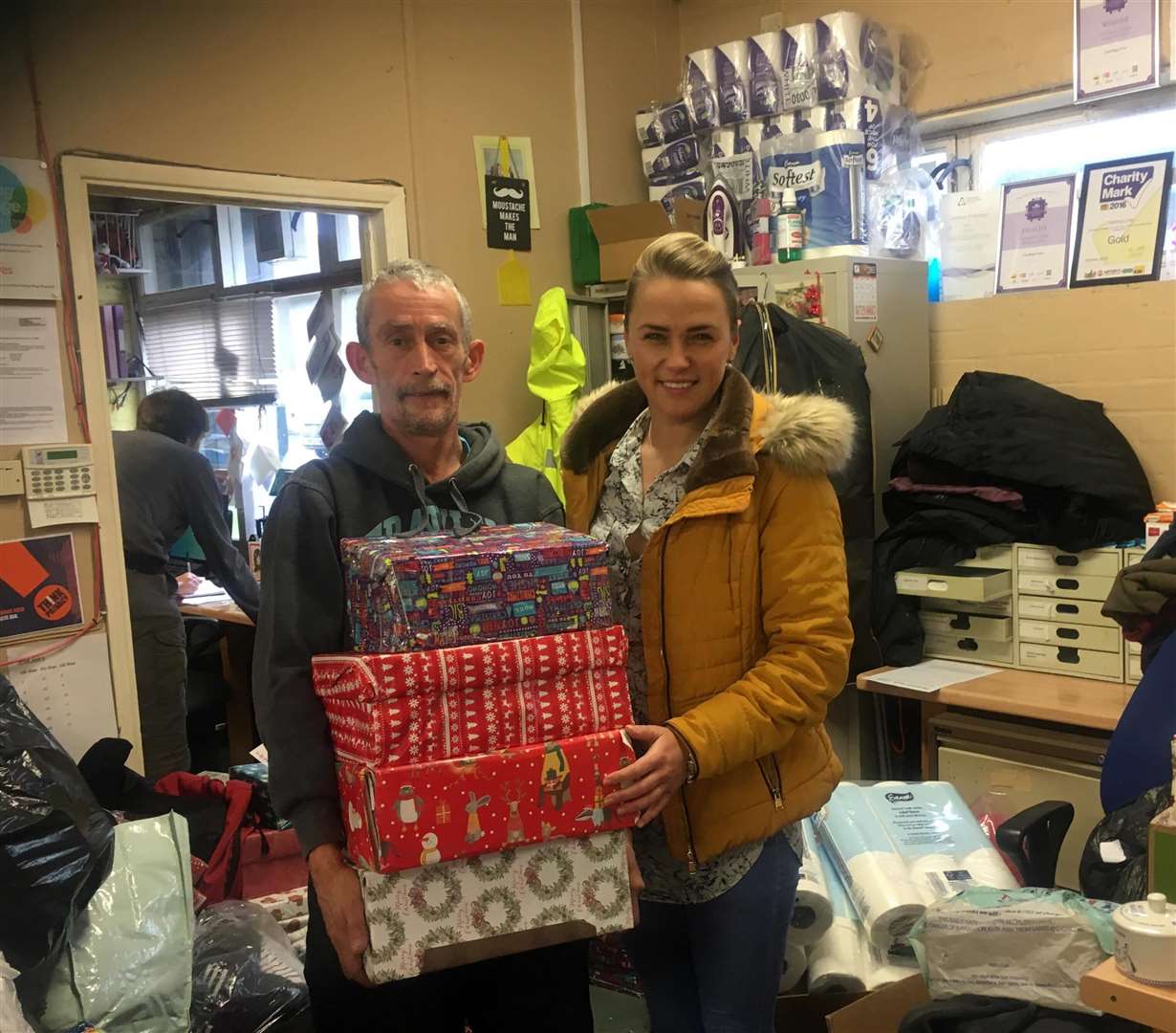 Jaymie Dunster traditionally delivers the boxes to the homeless shelter in Canterbury on Christmas Eve