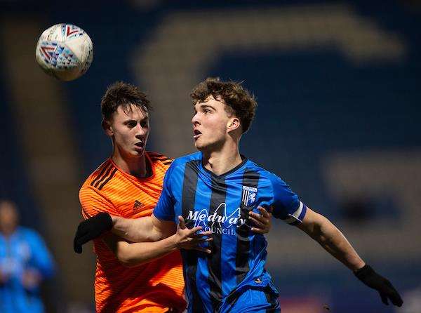 Roman Campbell in action for Gills' youth team against Ipswich Town under-18s Picture: Ady Kerry