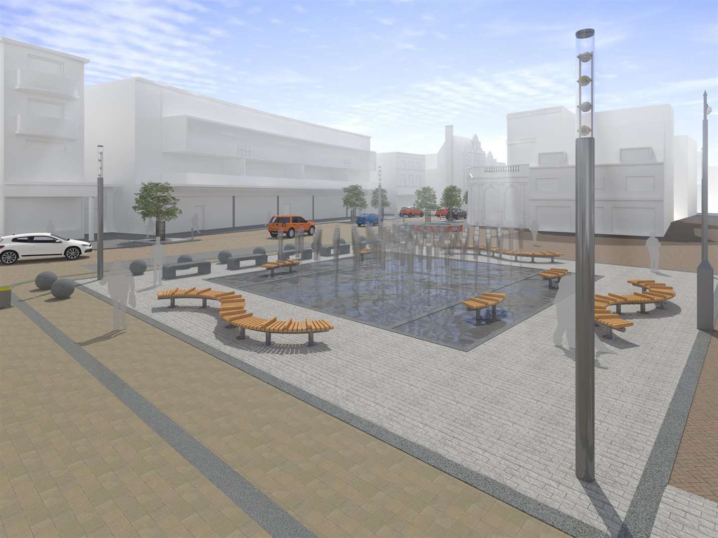 Artist's impression of the new look Dover Market Square with the new fountain., looking towards King Street. Picture courtesy of Hartwell Architects