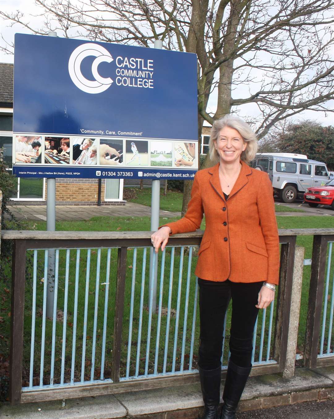 Sarah Smith outside Castle Community School, Walmer site, Deal. Her campaigning saved the site from future development, and it must be used for education