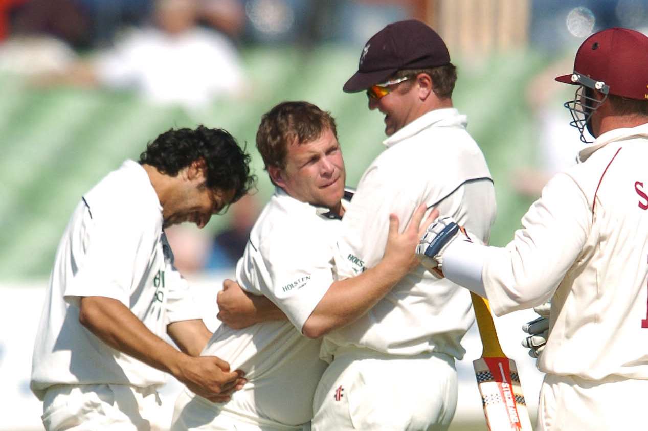 Walker celebrated with Amjad Khan and Rob Key after dismissing David Sales in September 2004. Picture: Ady Kerry