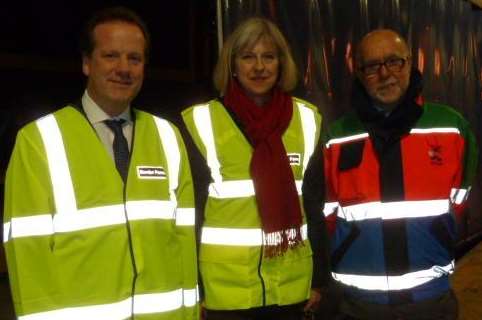 Theresa May with Charlie Elphicke and Dover Harbour Board chairman George Jenkins during an earlier visit to the port.
