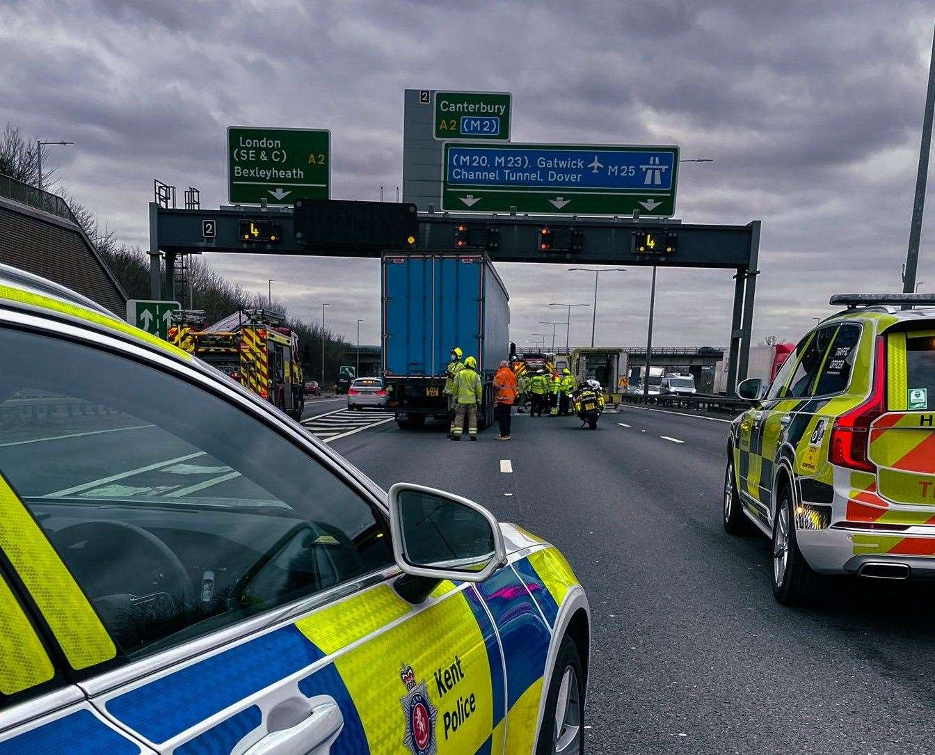The crash near the Dartford Crossing involved two lorries, two cars and a car transporter. Picture: Kent Police Roads via Twitter