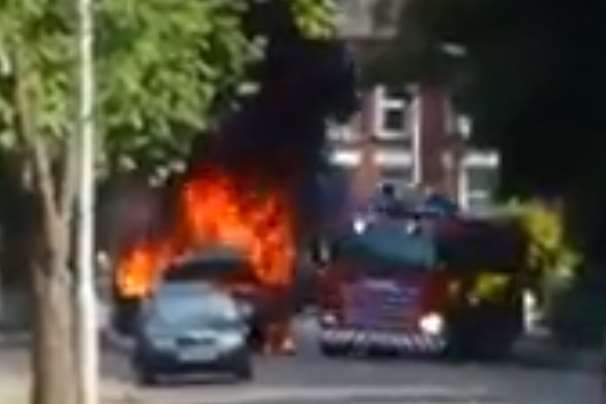 A Range Rover erupts in flames in Margate. Picture: Abi Tillings