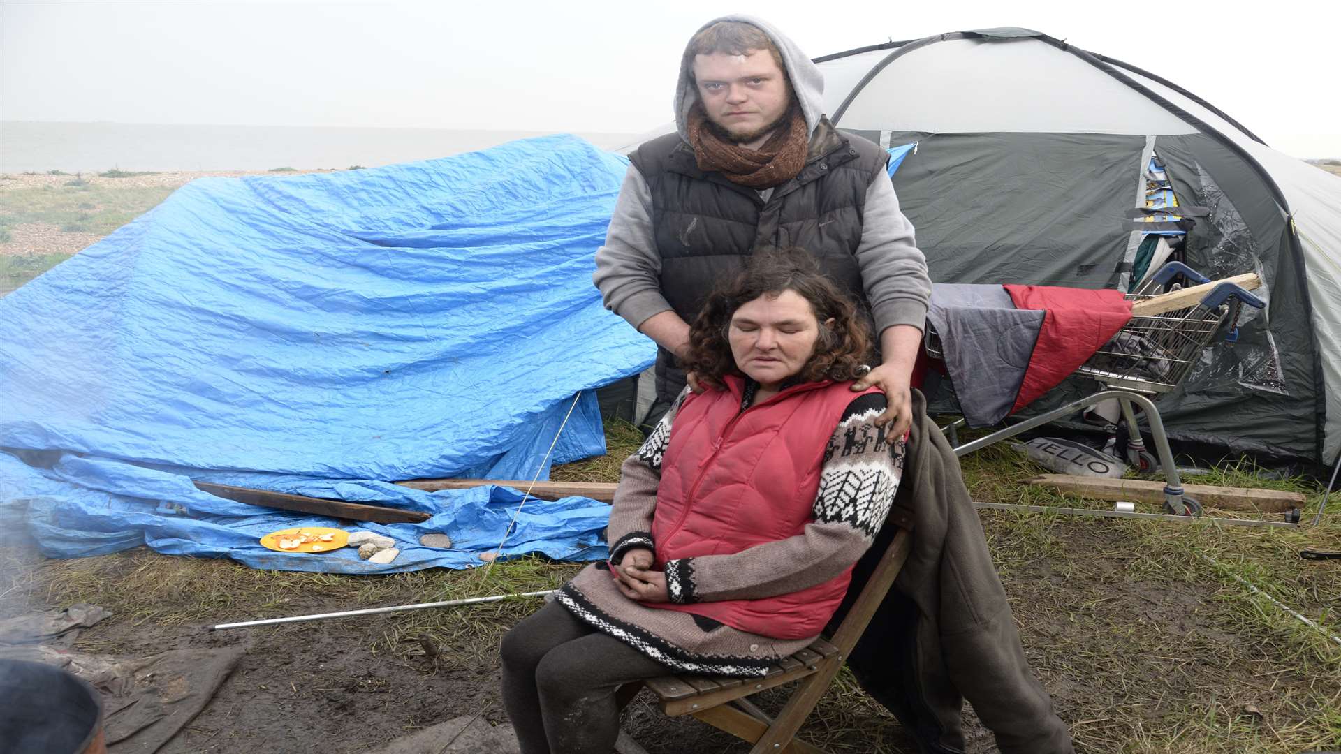 Homeless couple Sue Underdown and Thomas Cutts at their tent at Garrison Point, Sheerness. Picture: Chris Davey