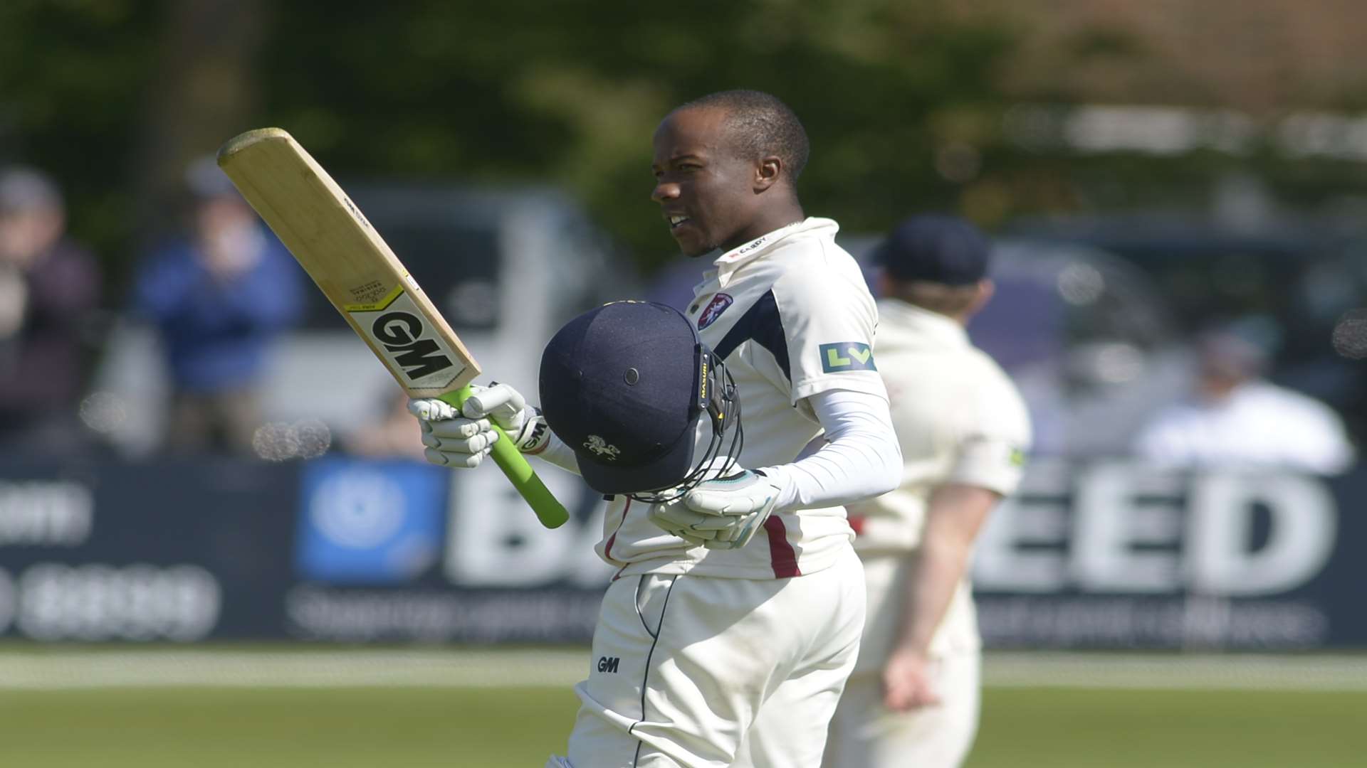 Daniel Bell-Drummond celebrates his century. Picture: Barry Goodwin.
