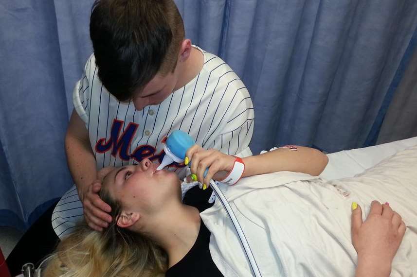 Hannah Gilbert in hospital comforted by her boyfriend Liam Beck
