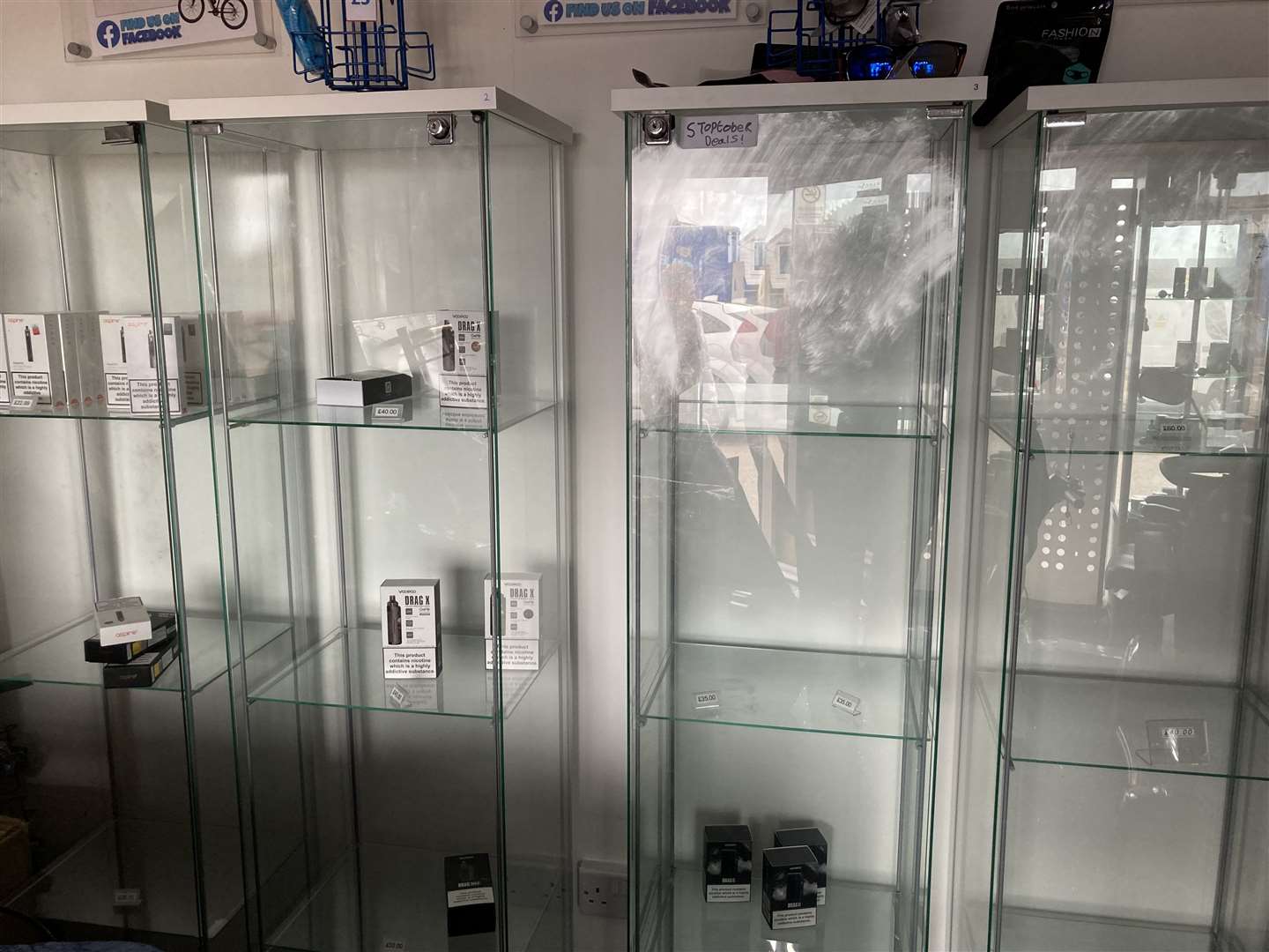 Empty display cabinets at Terry Utting's Leysdown shop