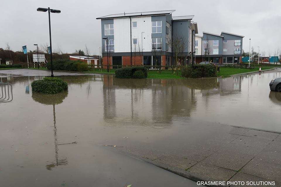 Part of Hawkinge left underwater in flash floods. Picture: Grasmere Photo Solutions.