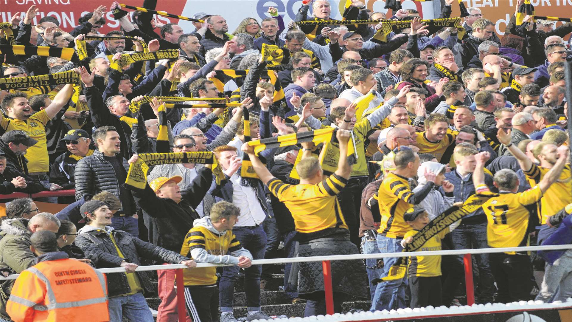 Maidstone fans celebrate promotion glory at Ebbsfleet Picture: Gary Browne