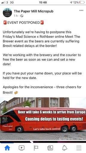 Pub with no beer: Facebook message from Sittingbourne's Paper Mill micropub