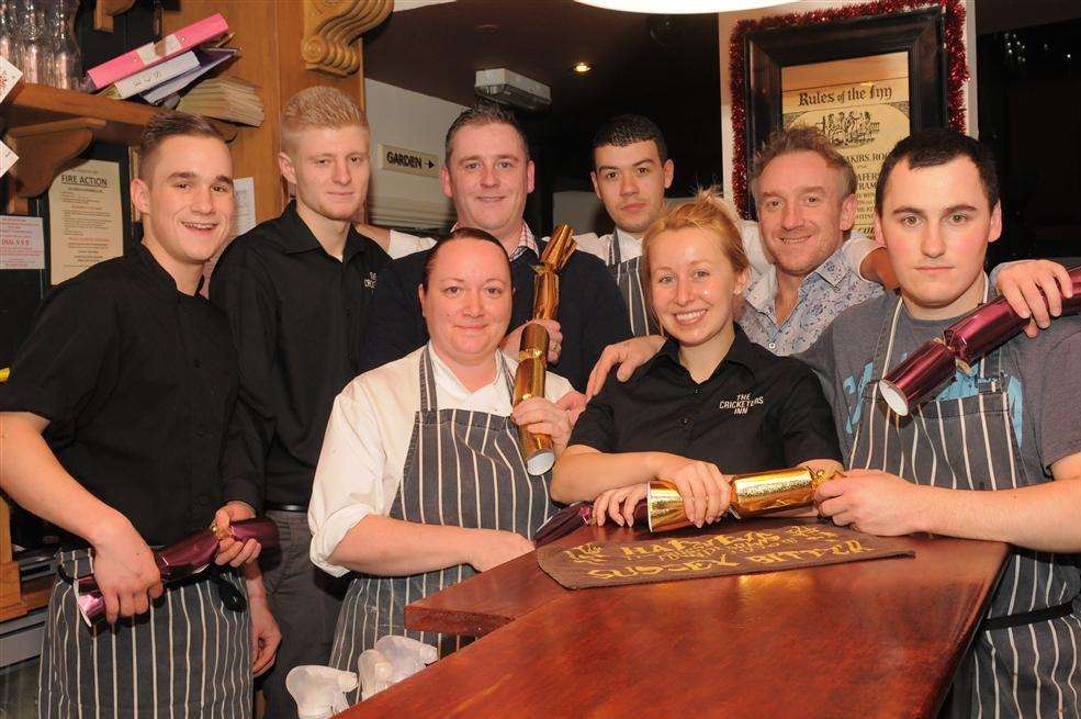 The gang at the Cricketers Inn with head chef Laura Purnell front and Paul Giles behind her