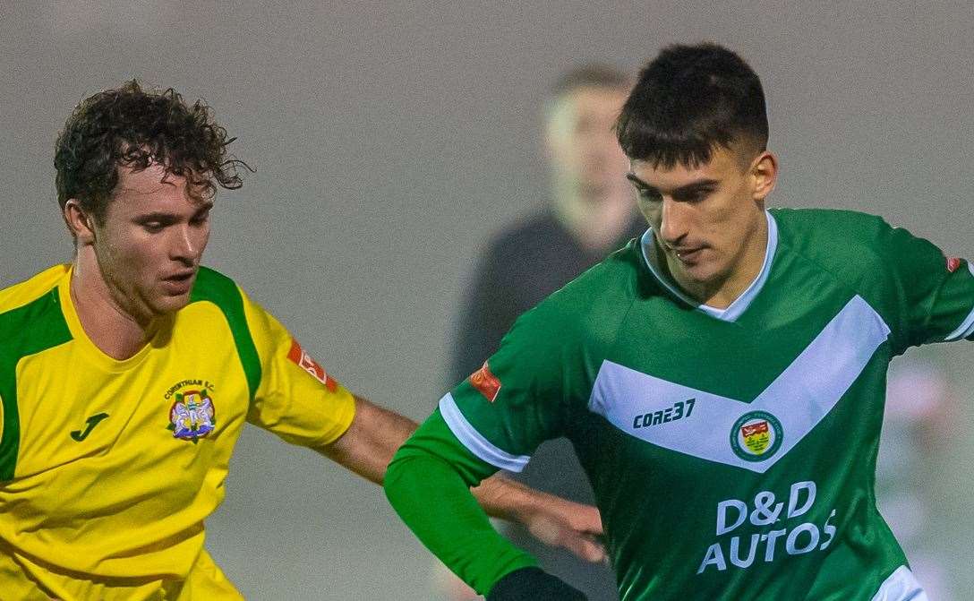 Frontman Roberto Ratti, seen here in Ashford United colours, right, has joined Isthmian Premier Margate. Picture: Ian Scammell