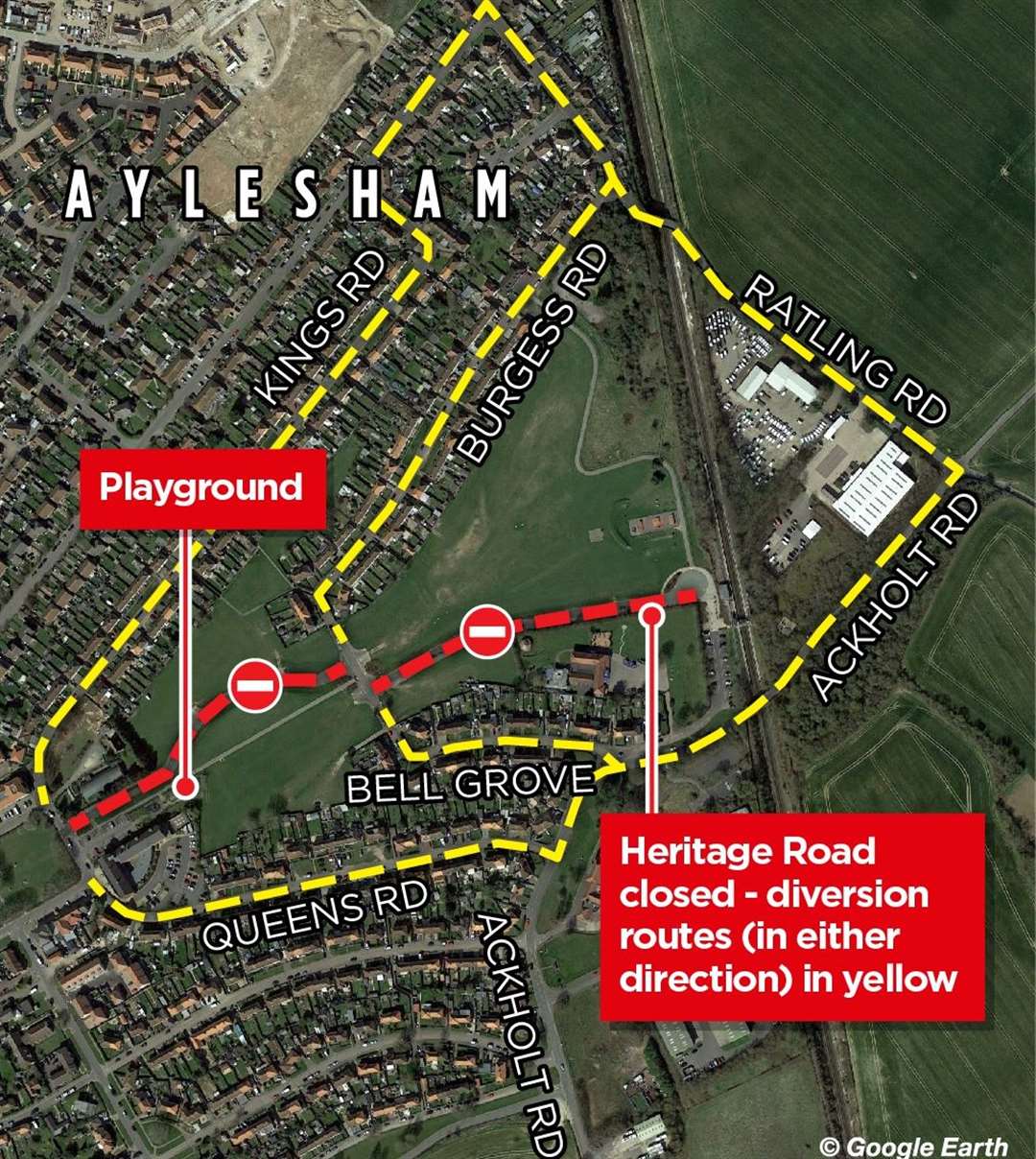 The road closure area in Aylesham. The red lines show closed roads, the yellow lines, the diversion routes. KM editorial graphic