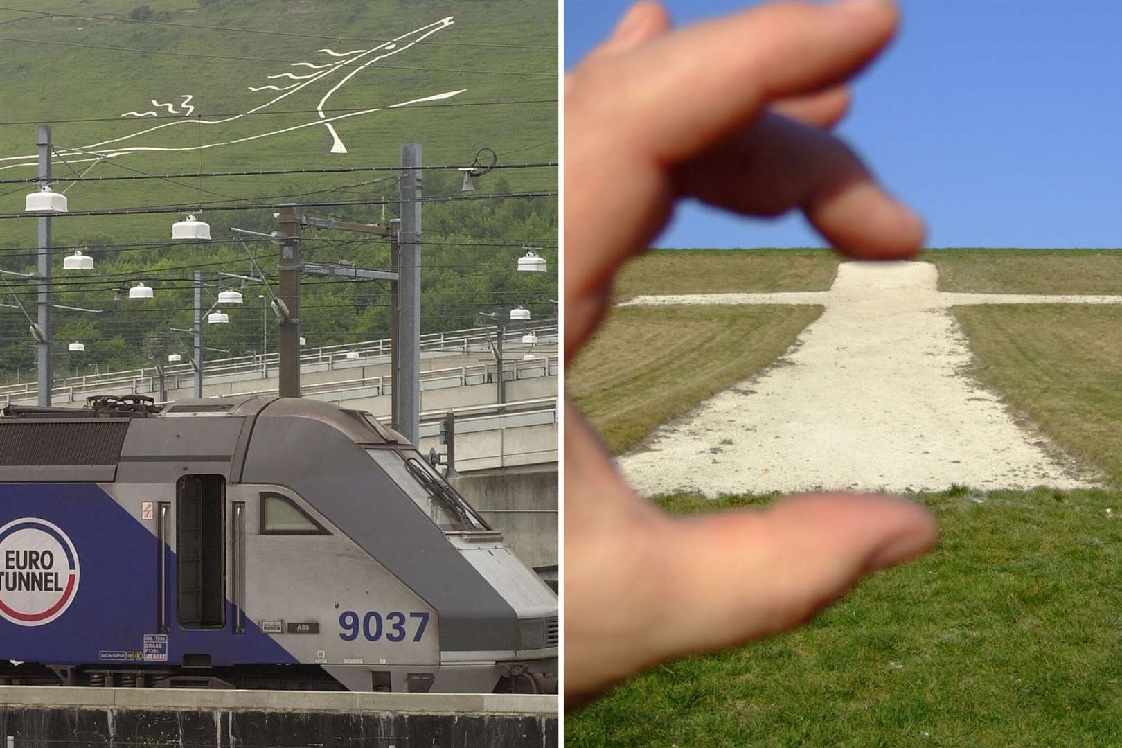 The Folkestone White Horse overlooks the Channel Tunnel terminal, right, Colin Miles from Sittingbourne picked up the Lenham Cross in 2010. Pictures: Ady Kerry and Colin Miles