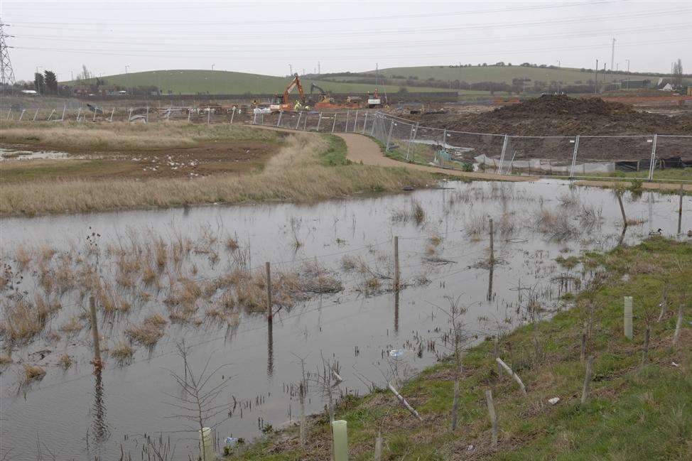 The waterlogged marshes near the Neats Court site next to Morrison's, Queenborough