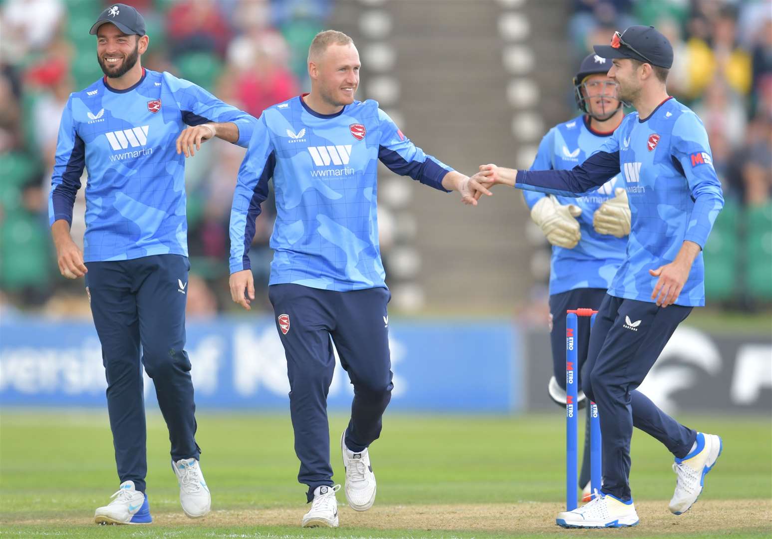 Matt Parkinson celebrates a wicket on his Kent Spitfires debut against Leicestershire Foxes during Sunday’s One Day Cup defeat at Beckenham. Picture: Kyle Andrews Photography